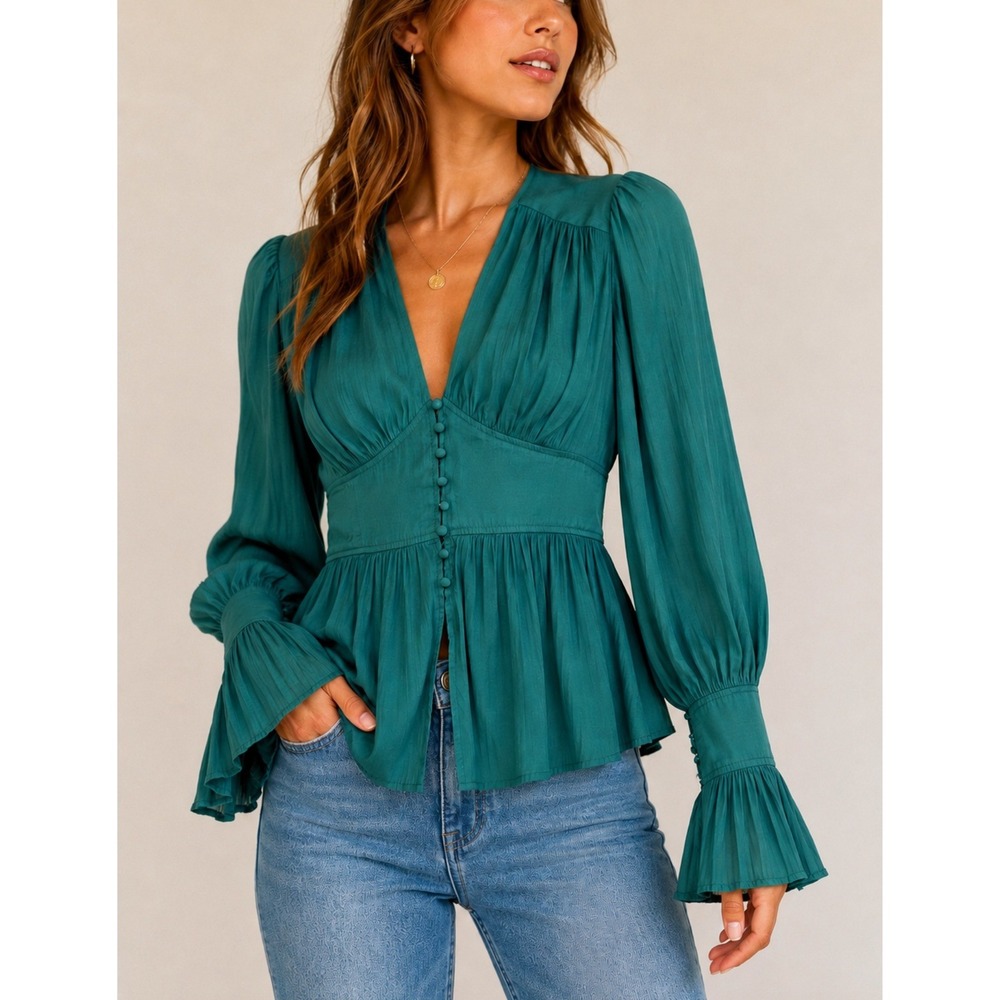 Anthropologie Women's Teal Pleated Blouse Bell Sleeve Covered Button Boho Top -M